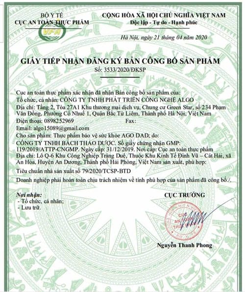 giấy chứng nhận ago dad