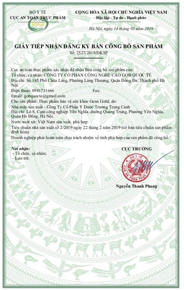 giấy công bố genx gold