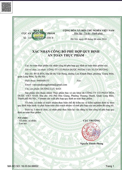 giấy phép bán Dương Lực Đan