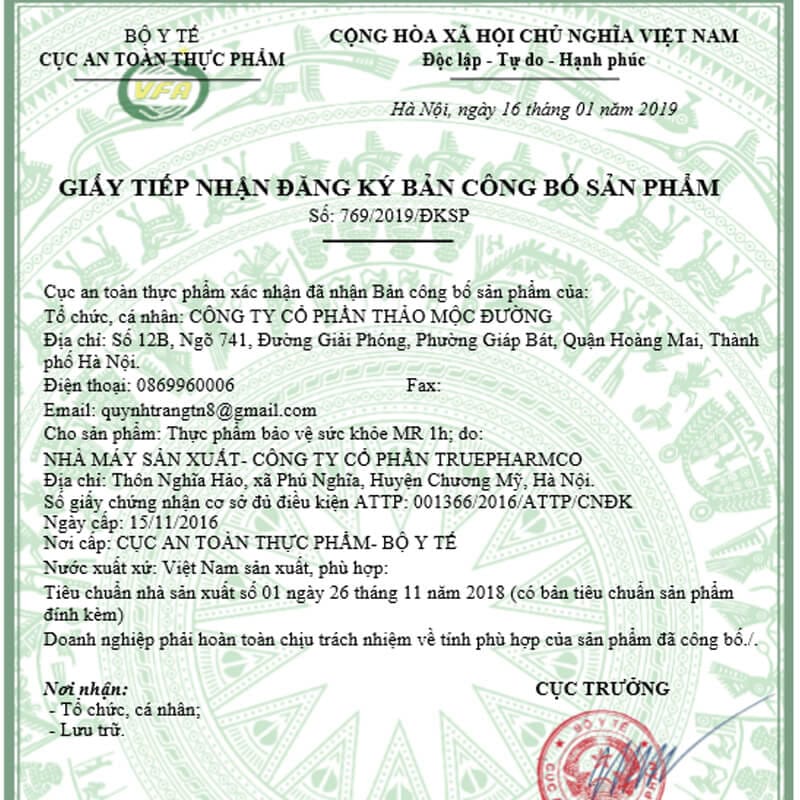 giấy chứng nhận mr 1h