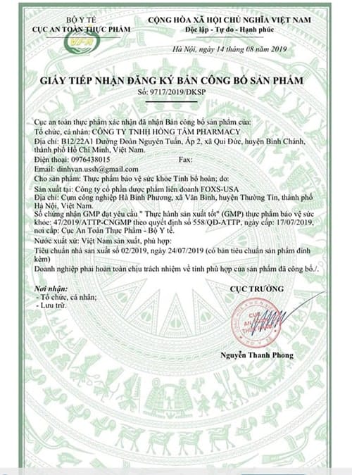 giấy xác nhận tinh bổ hoàn