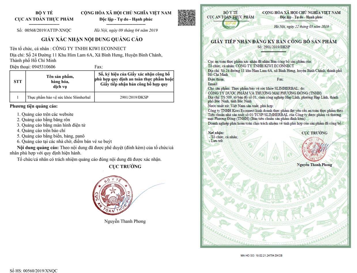 giấy chứng nhận Slimherbal