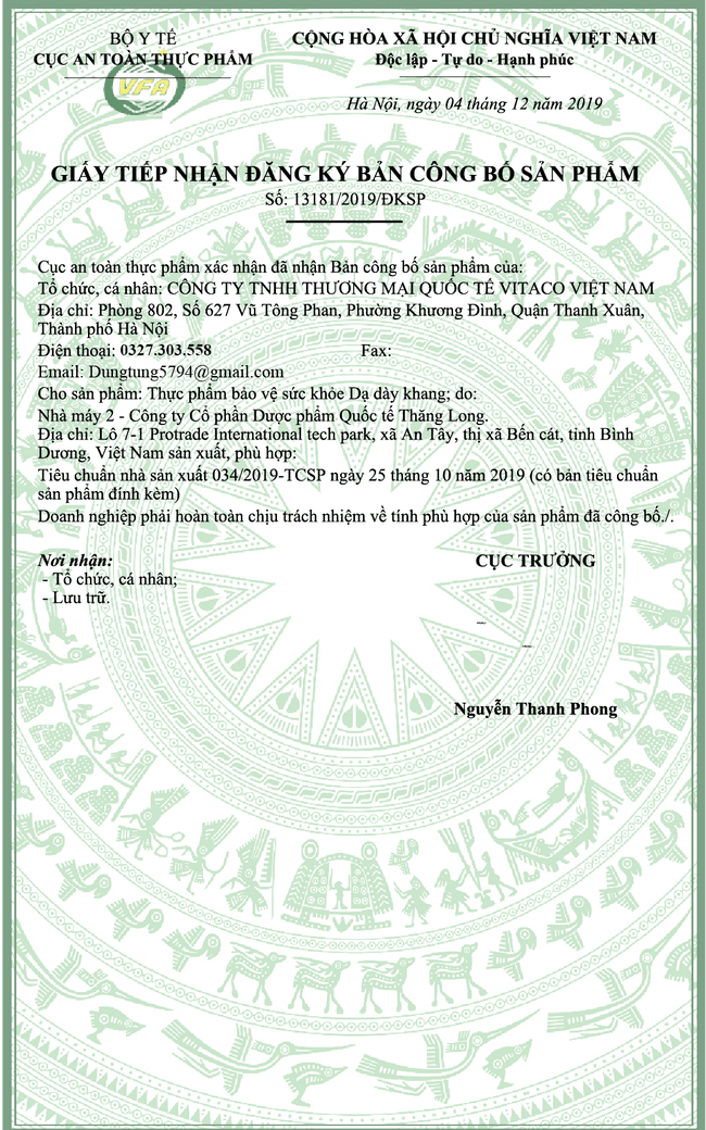 giấy chứng nhận dạ dày Khang
