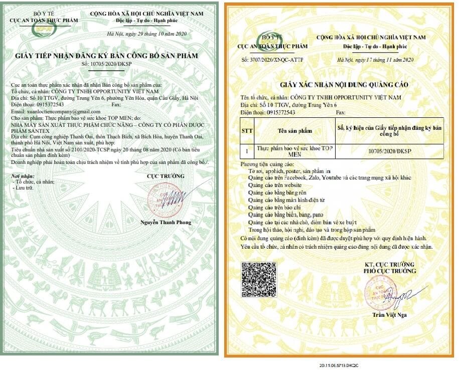 giấy chứng nhận Top Men