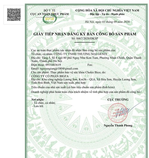 Giấy chứng nhận Choles Bico