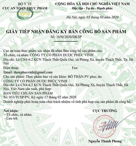 giấy chứng nhận bổ thận pv plus