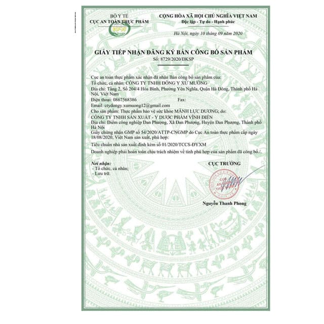 giấy tiếp nhận đăng ký bản công bố sản phẩm
