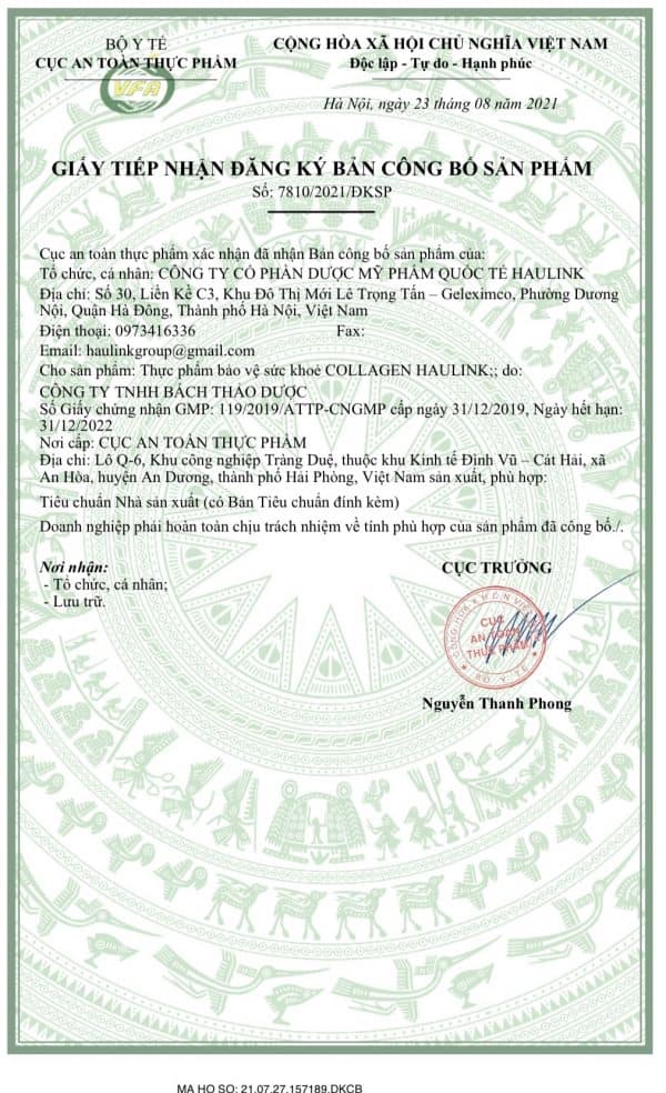 giấy chứng nhận collagen haulink