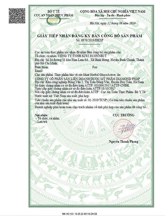 Herbal GlucoActive chứng nhận