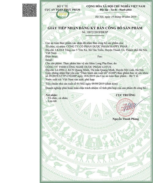 giấy chứng nhận long phụ đan