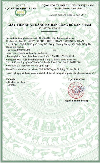 giấy chứng nhận nam bảo vương